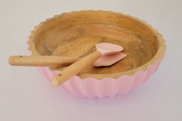 Pink-Bamboo- Salad-Fruit-Bowl Showing-Right Side-View-With Salad-Servers